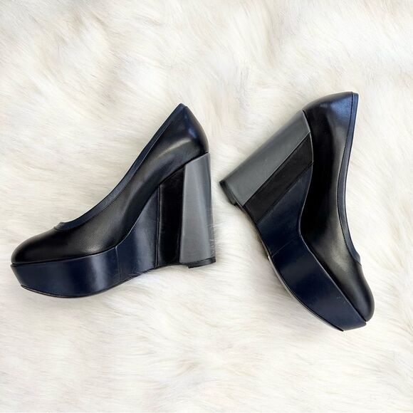 NWOB Escada Sport Colorblock Platform Leather Wedge in Black Blue Size 38 7.5 - Picture 2 of 8